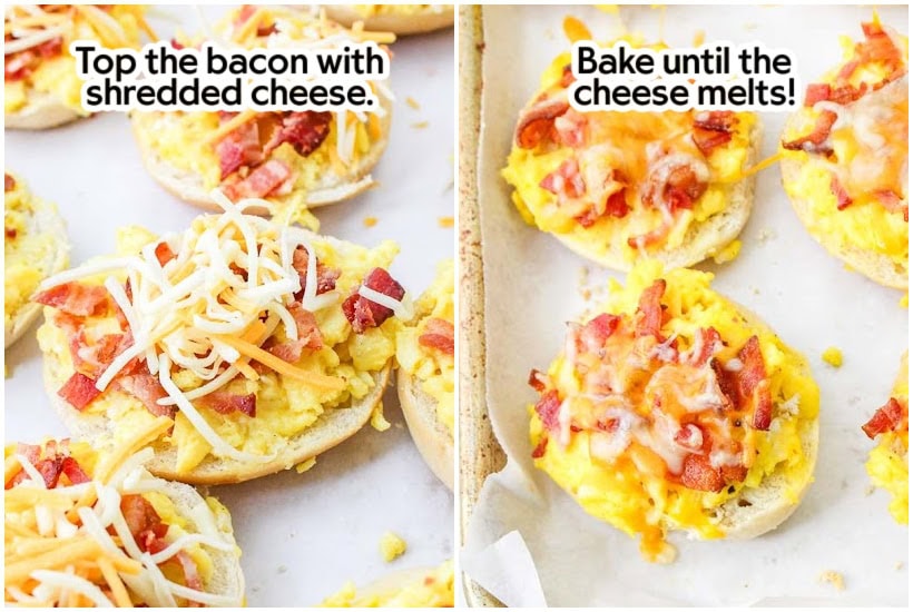 Two image collage of making the breakfast pizza bagels, before and after baking, with text labels.