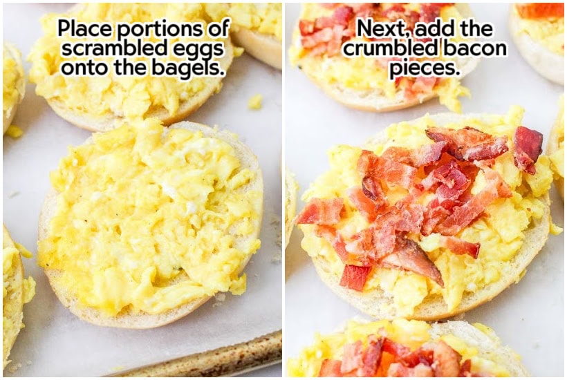 Adding the scrambled eggs and crumbled bacon on top of the bagels with text overlay.