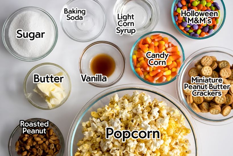 Bowls filled with ingredients to make sweet and salty fall snack mix recipe with text labels.