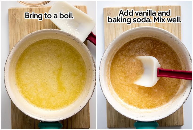 Two photo collage of bringing the sugar mixture to a boil and adding vanilla and baking soda to the coating mixture with text overlay.