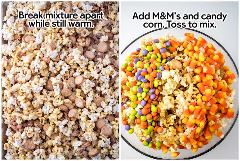 Two photo collage of breaking the popcorn mixture apart and transferring to a bowl, then adding the M&Ms and candy corn with text overlay.