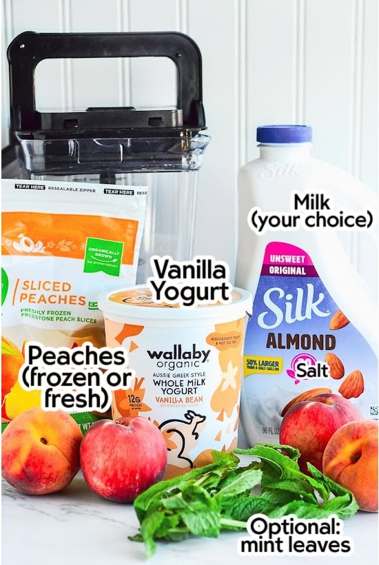 Ingredients needed to make the 3 ingredient peach smoothies recipe with text labels.