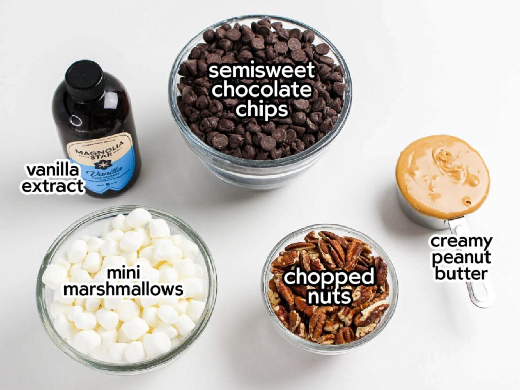 Ingredients needed to make homemade rocky road candy recipe with text labels.
