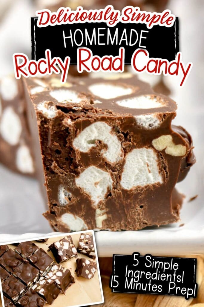 Close up of a piece of homemade rocky road candy square  and multiple pieces on parchment paper with text overlay.