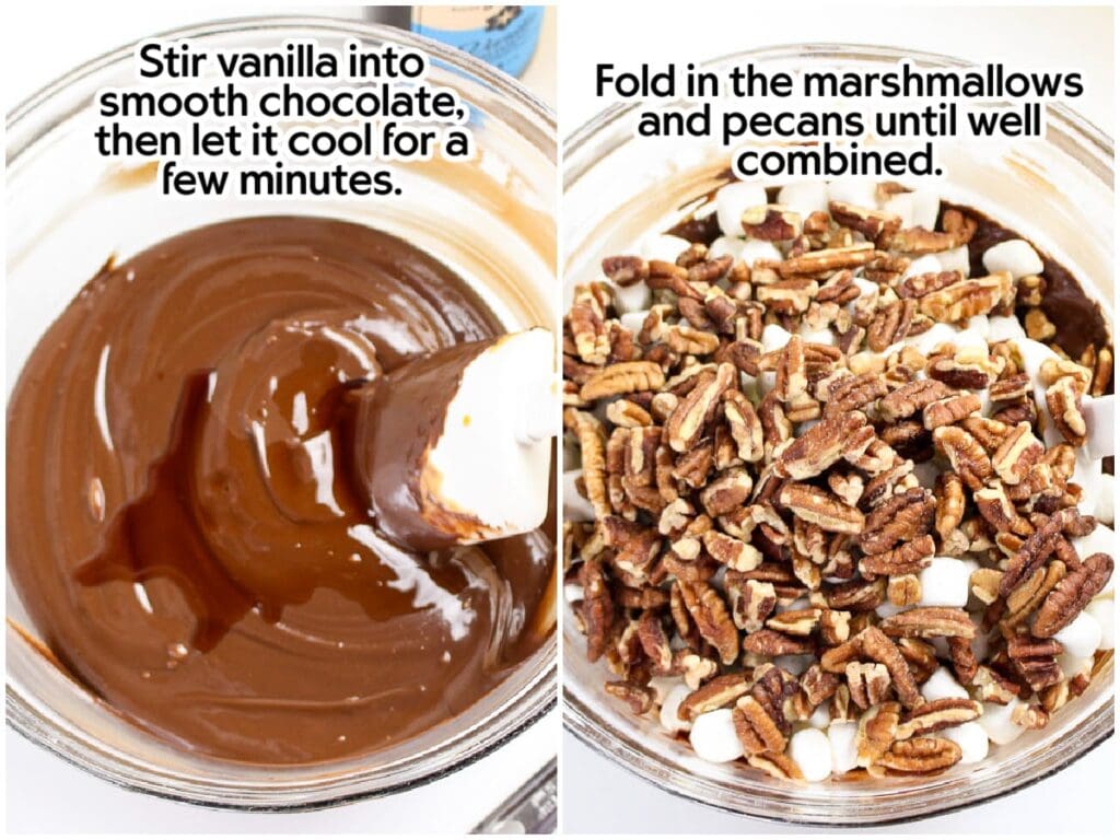 Two image collage of melting the chocolate and folding in the pecans and marshmallows with text overlay.