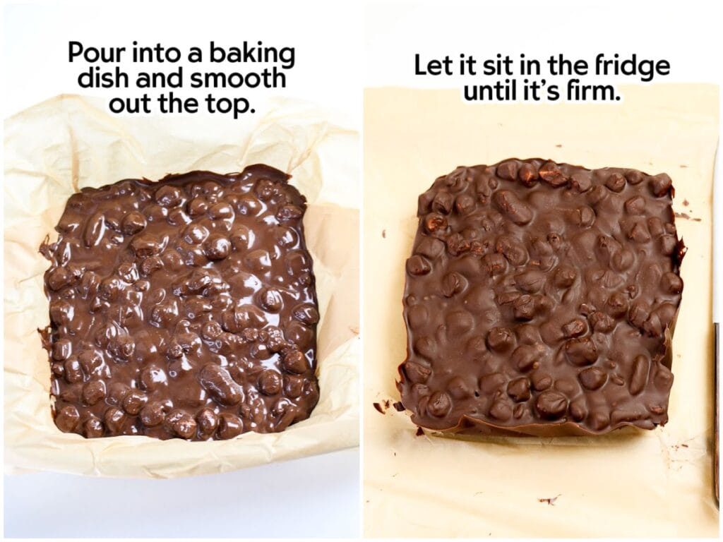 Two image collage of old-fashioned rocky road candy in a parchment lined baking dish and after it has firmed up with text overlay.