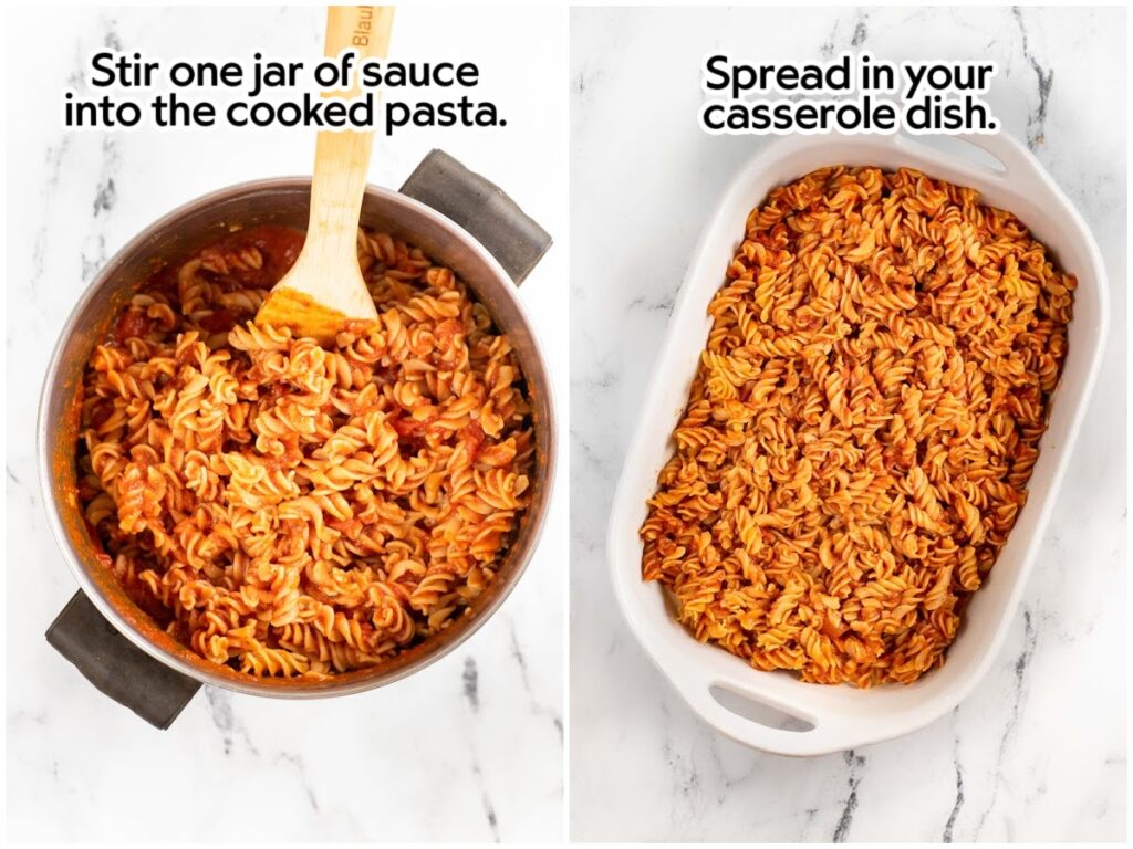 Two image collage mixing in the pizza sauce with the cooked pasta and adding noodles to a white casserole dish with text overlay.