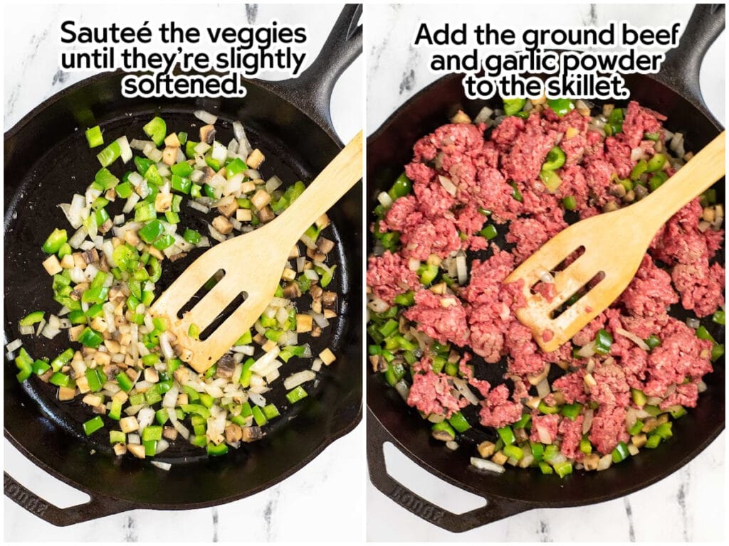 Two photo collage of sauteeing the veggies and hamburger meat in a skillet for the pizza casserole with text overlay.