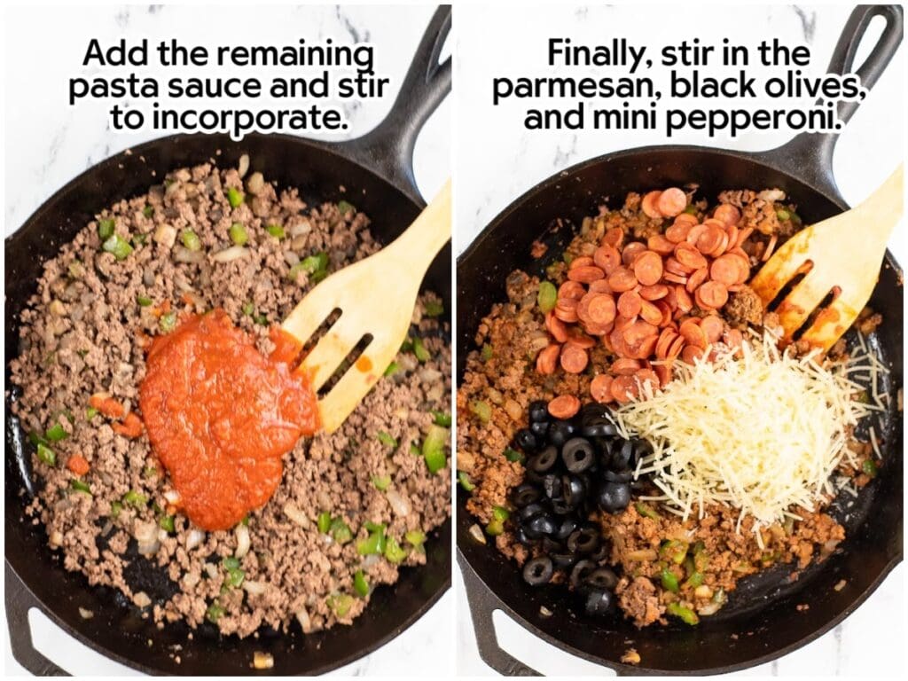 Two image collage adding the pizza sauce to the cooked ground beef mixture and the other toppings in a skillet with text overlay.