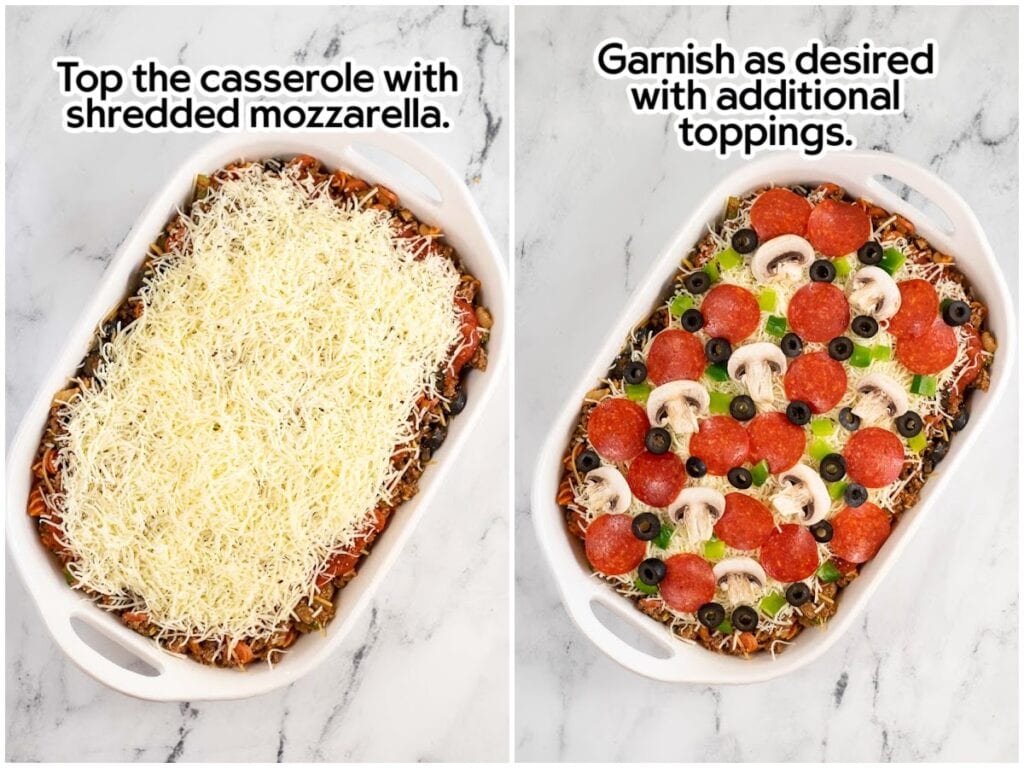 Two image collage layering on the veggies and cheese to the top of the pizza bake casserole with text overlay.