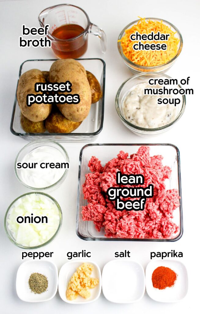 Ingredients needed to make cheesy hamburger and potato casserole with text labels.