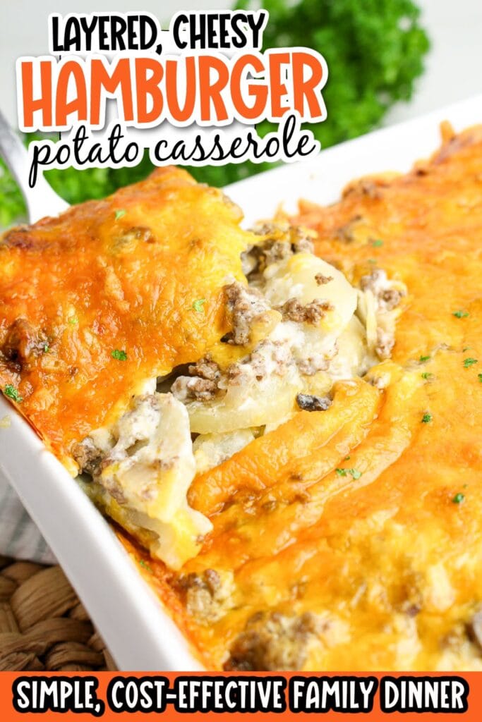 Lifting out a square of hamburger and potato casserole with a fork with text overlay.