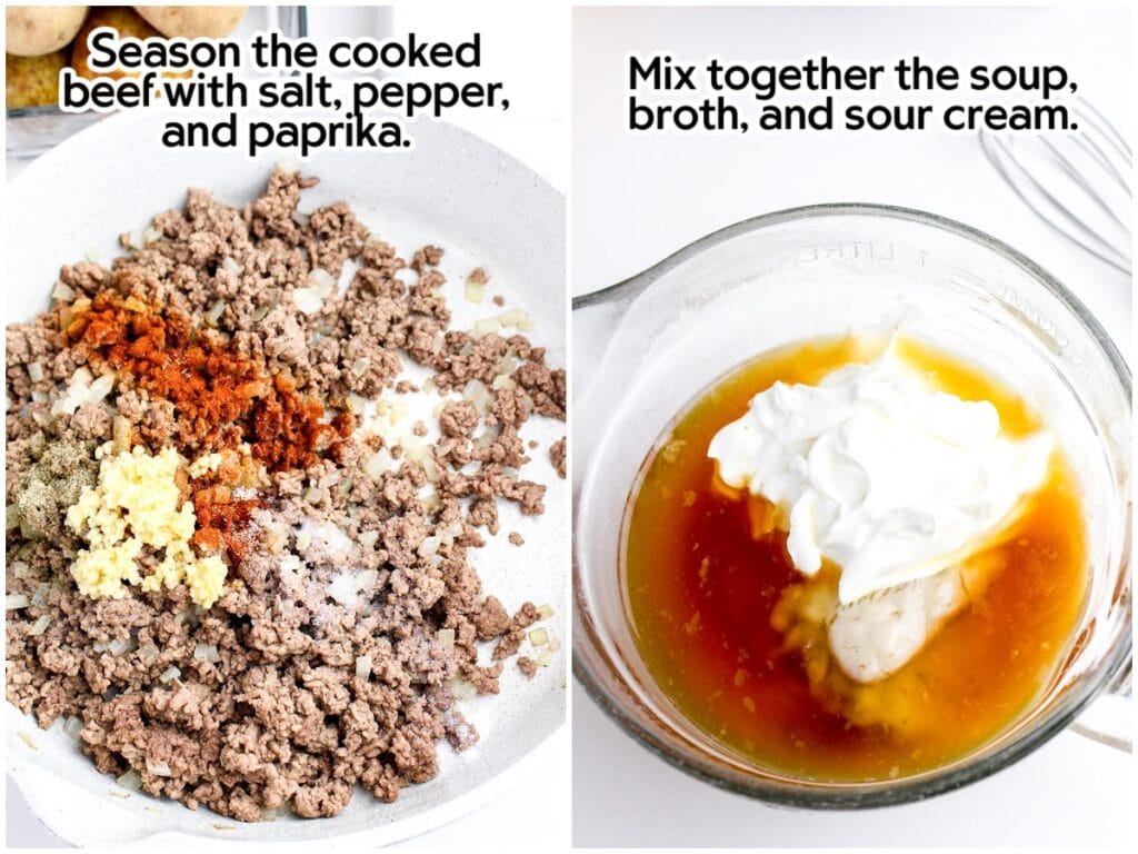 Two image collage seasoning the ground beef then making the creamy sauce mixture in a glass bowl with soup, sour cream, and broth with text overlay.