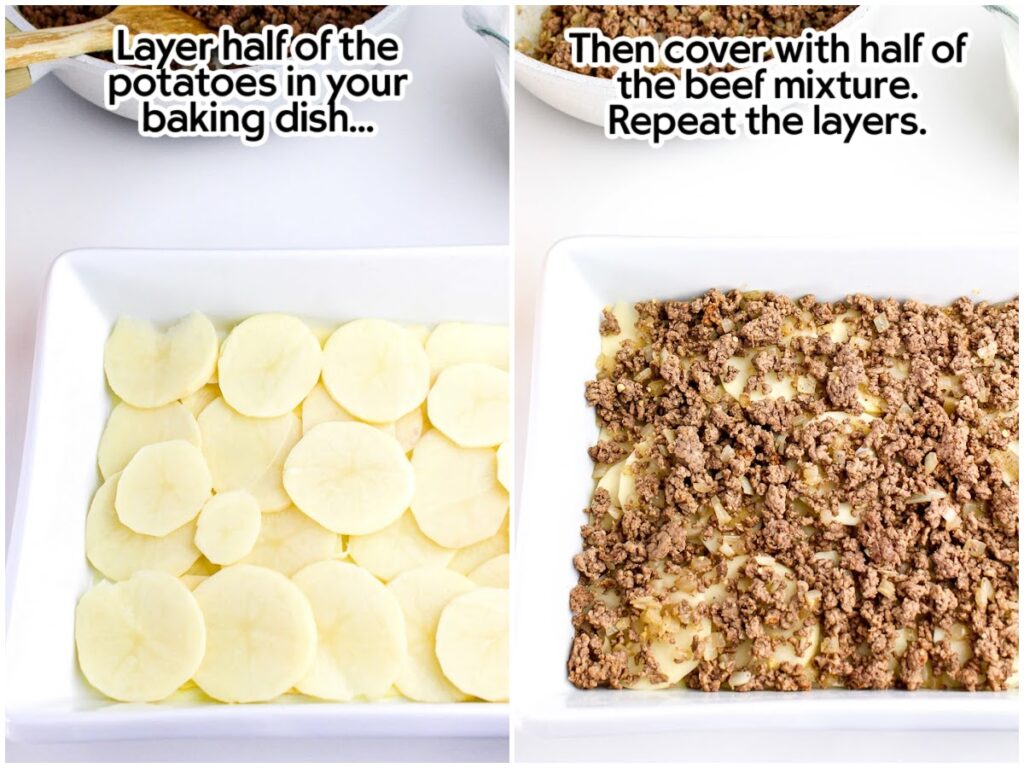 Two image collage layering the casserole with cooked ground beef and sliced potatoes with text overlay.