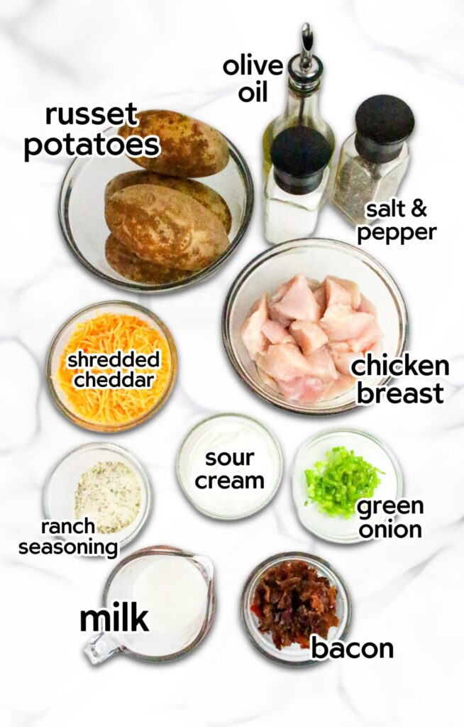 Ingredients needed to make baked chicken bacon ranch potato casserole with text labels.