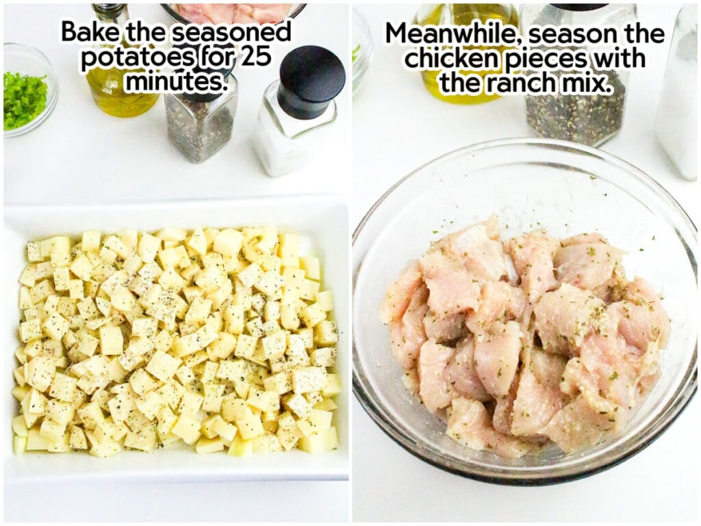 Two image collage showing the diced seasoned potatoes in the baking dish and seasoning the chicken with ranch dressing mix with text overlay.