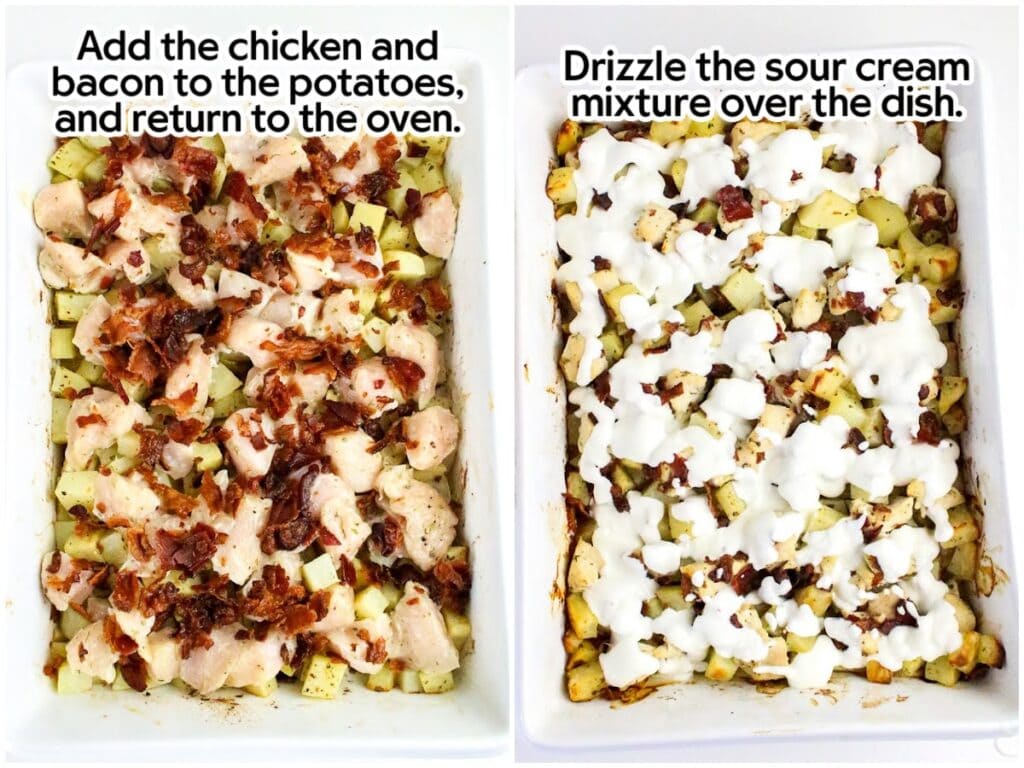 Side by side images of combining the chicken, bacon, and ranch over the potatoes in a casserole dish and adding the ranch sour cream sauce with text overlay.