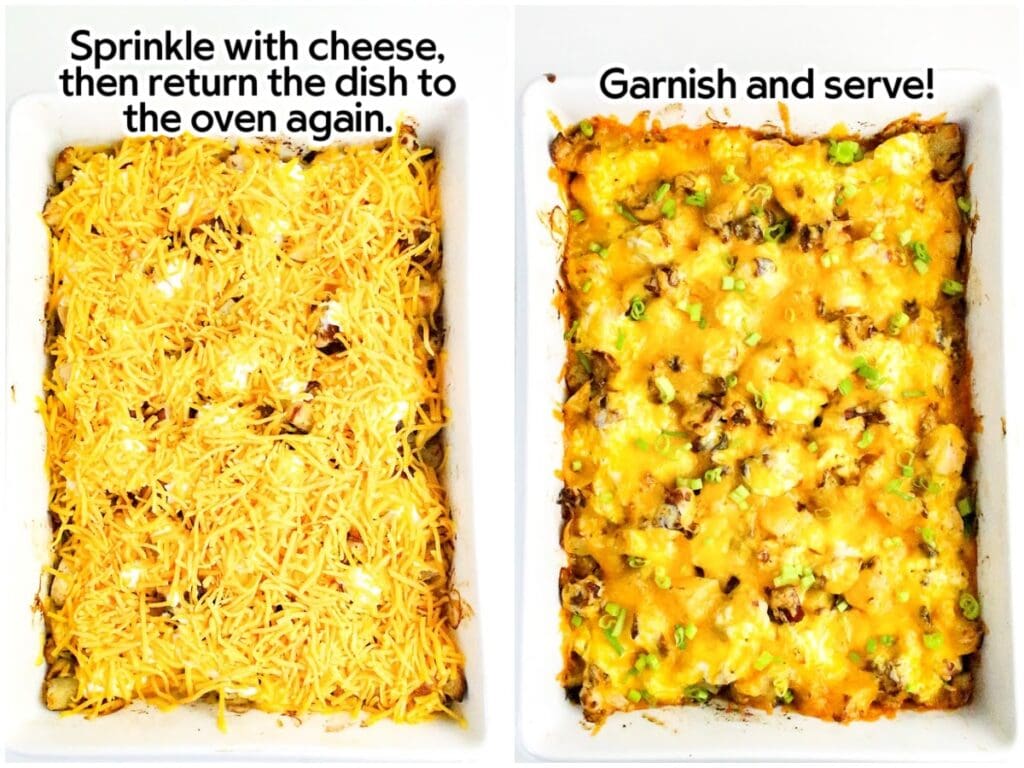 Two image collage topping the chicken bacon ranch casserole with shredded cheese, then garnishing with sliced green onion after baking with text labels.