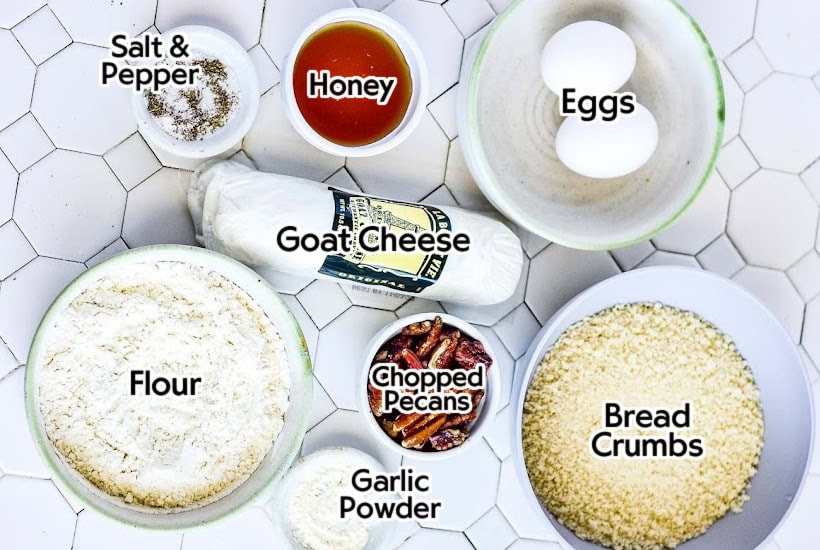 Ingredients needed to make fried goat cheese balls with breading with text overlay.