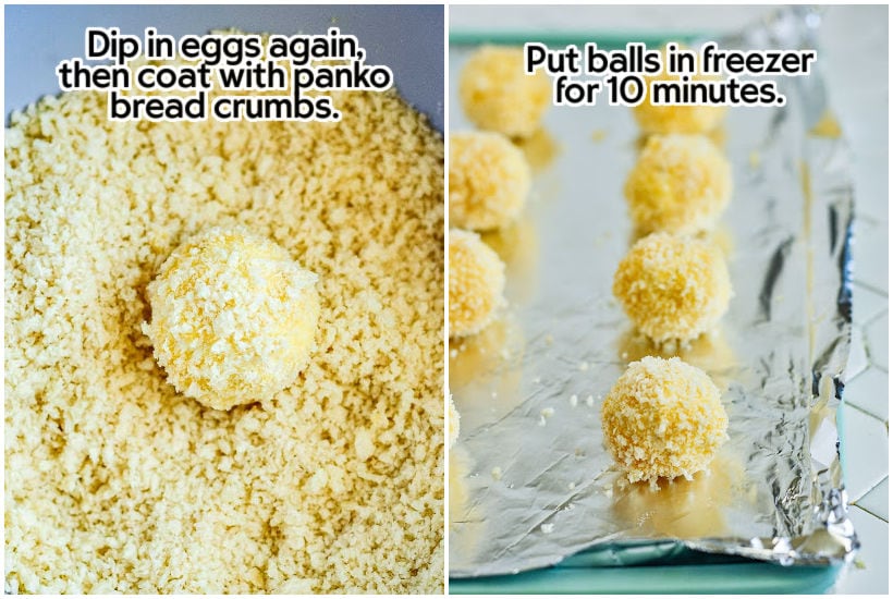 Side by side images of a flour coated goat cheese ball rolled in panko bread crumbs and a foil lined cookie sheet with goat cheese balls lined up with text overlay.