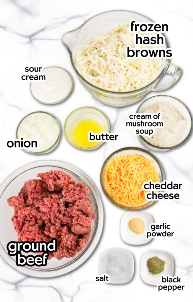 Ingredients needed to make hamburger hash brown casserole recipe with text labels.