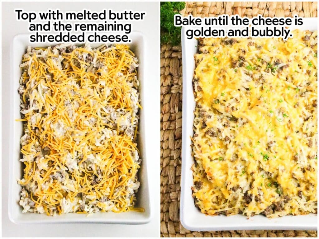Side by side images of layering the cheese on top of the ground beef casserole mixture with a final image after cooking with text overlay.
