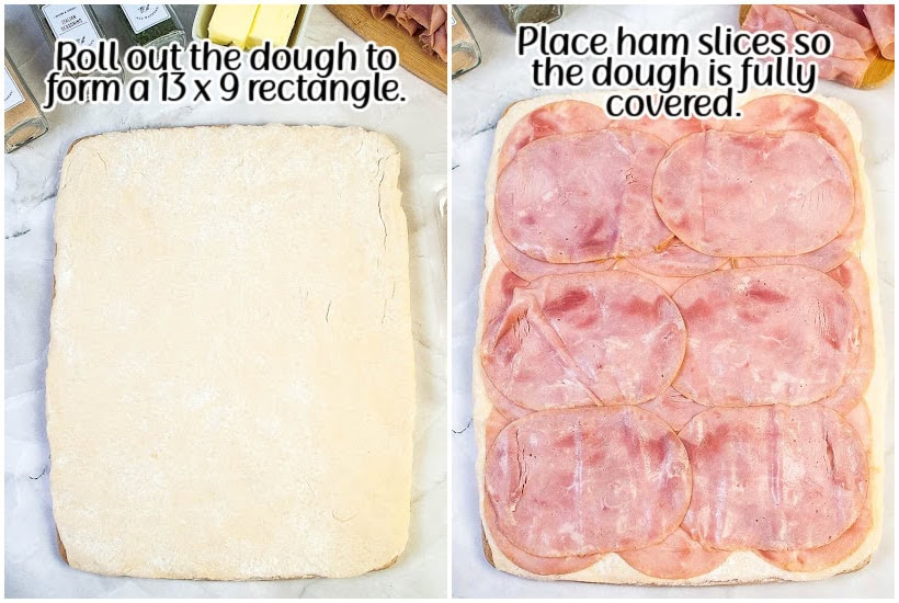 Two images of rolled out pizza dough in a rectangle and ham slices covering dough with text overlay.