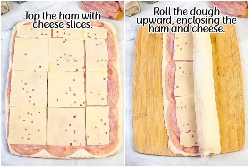 Side by side images of cheese slices covering the ham and rolling up the dough on a cutting board with text overlay.