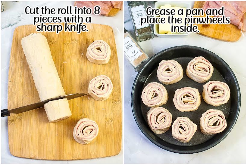 Two images of rolled dough being sliced with a knife and ham and cheese roll ups placed inside a greased pan with text overlay.