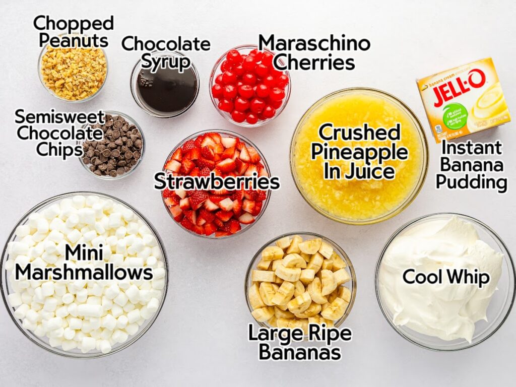 Ingredients needed to make the banana split fluff salad recipe with text labels.