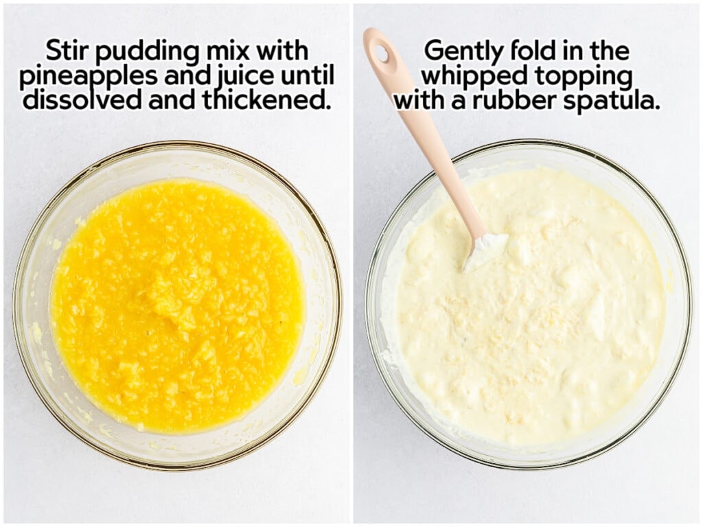 Two photo collage of combining the crushed pineapple with the pudding mix in a glass bowl then adding Cool Whip with text overlay.