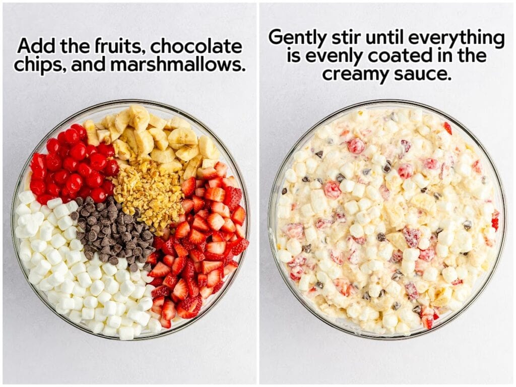 Side by side photos of adding the fruits, nuts, chocolate chips and marshmallow into the pudding mixture and stirring it all together with text overlay.