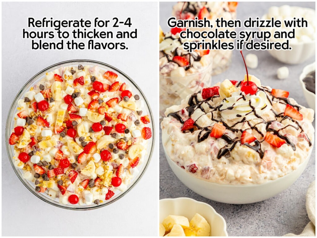 Two image collage of all of the banana split fluff ingredients chilling in a bowl then garnishing with fruit and whipped cream for serving with text overlay.