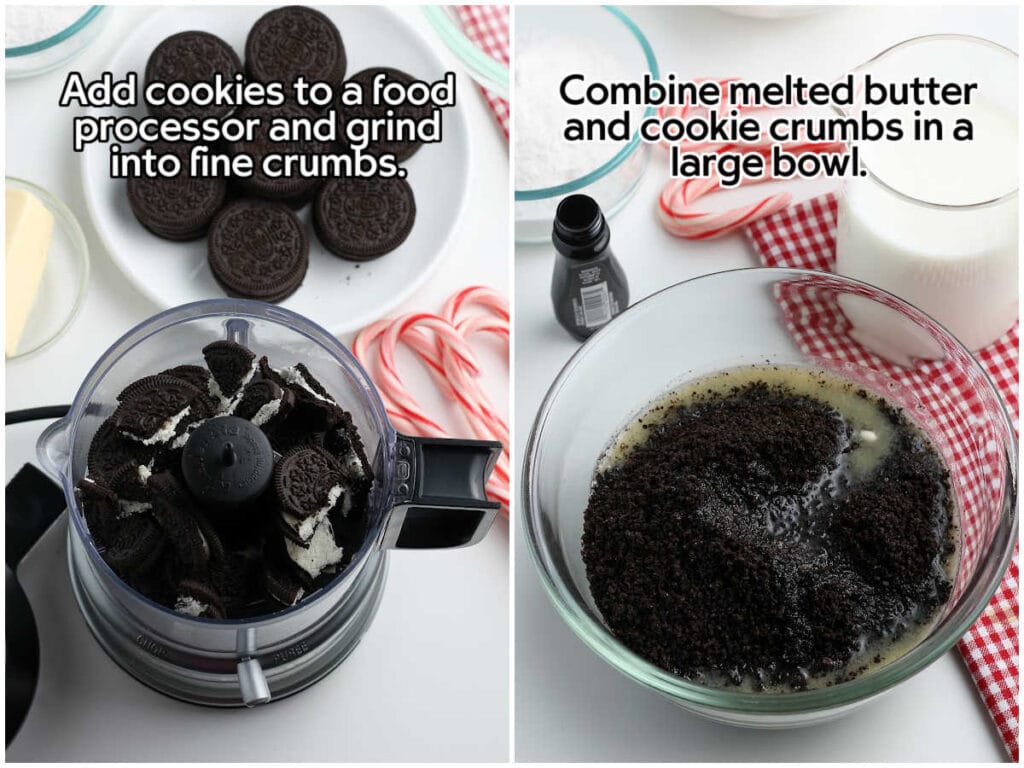 Two image collage of grinding the chocolate sandwich cookies into crumbs and adding butter to the crumbs with text overlay.