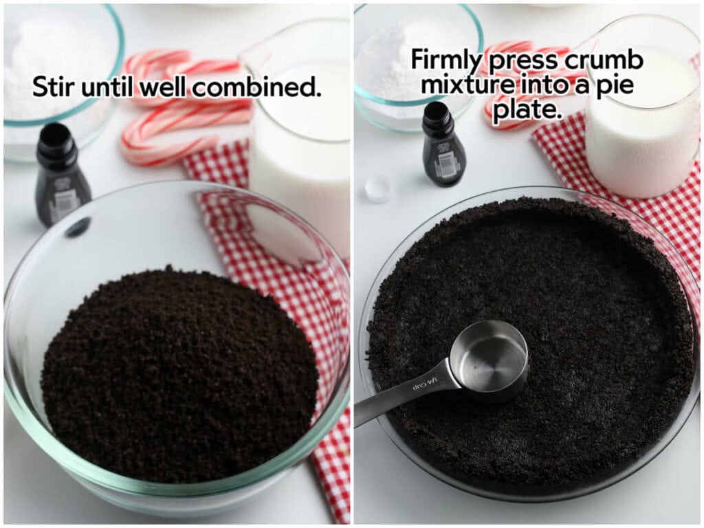 Two photo collage of mixing the butter and cookie crumbs together pressing the mixture into a pie plate with text overlay.