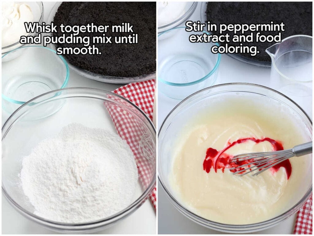 Two photo collage of mixing the milk and pudding mix and adding the peppermint extract and red food coloring to the pudding mixture with text overlay.