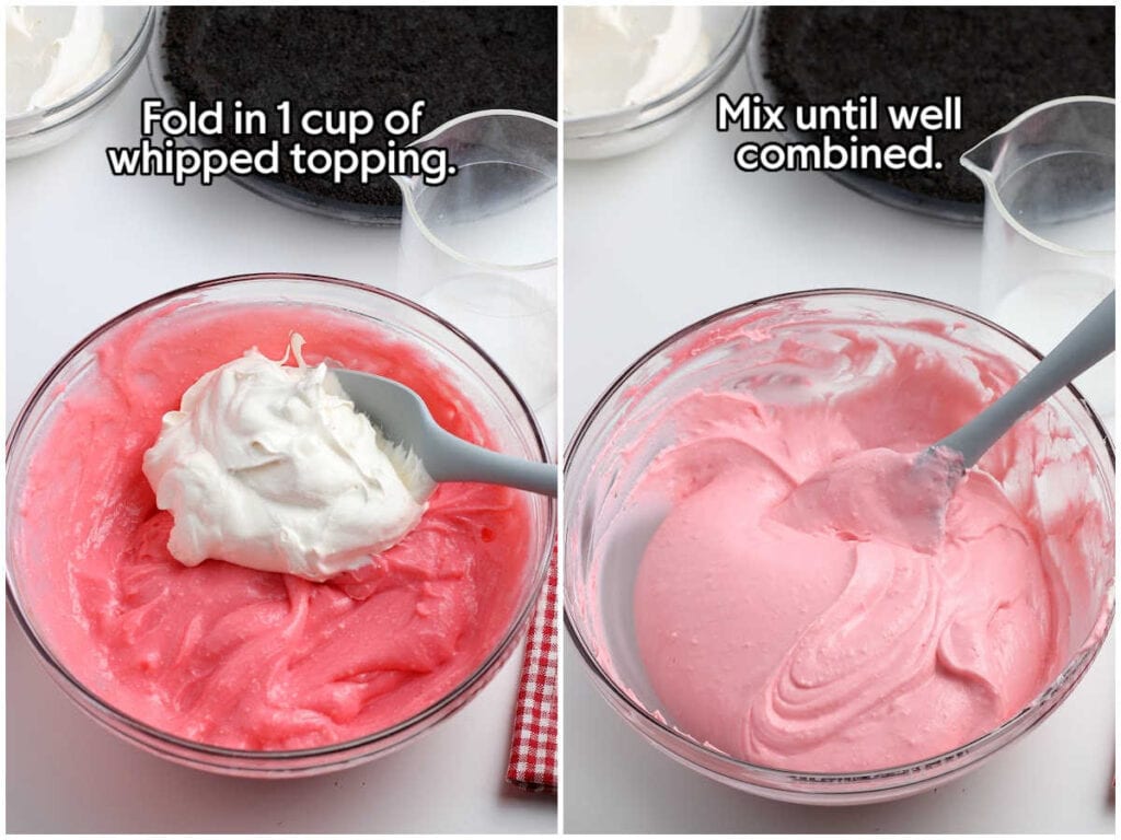 Two image collage of adding whipped topping to the pudding mixture and mixing it together with text overlay.
