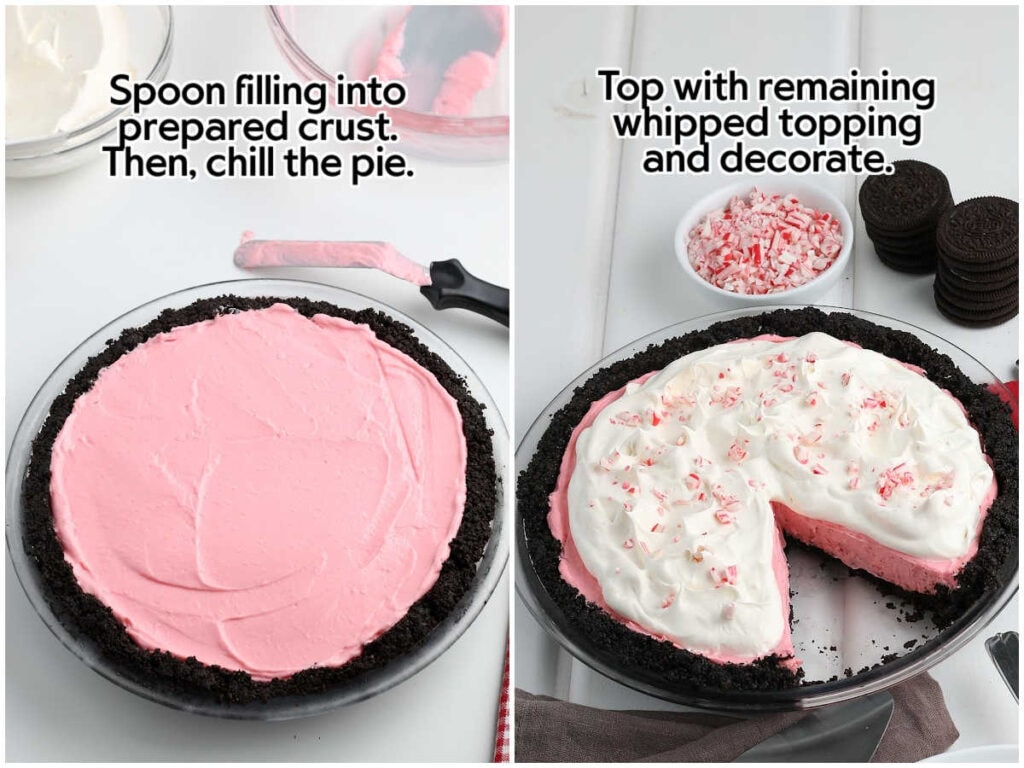Two photo collage of the creamy peppermint filling added to the chocolate pie crust and the finished pie garnished with whipping topping and crushed peppermint candies with text overlay.
