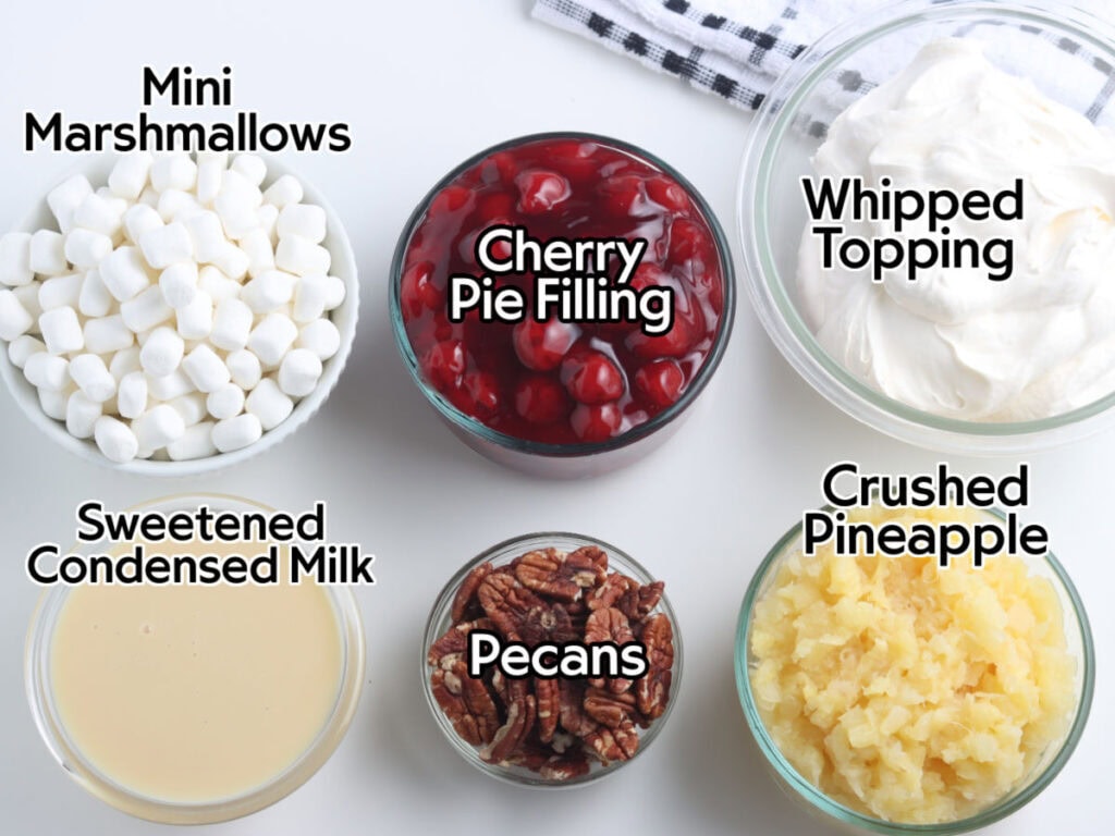 Ingredients needed to make the pink fluff salad recipe with text labels.