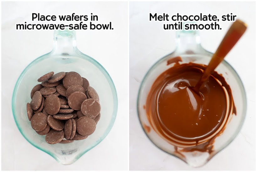 Two photo collage of chocolate melting wafers in a glass cup and stirring the melted chocolate with text overlay.