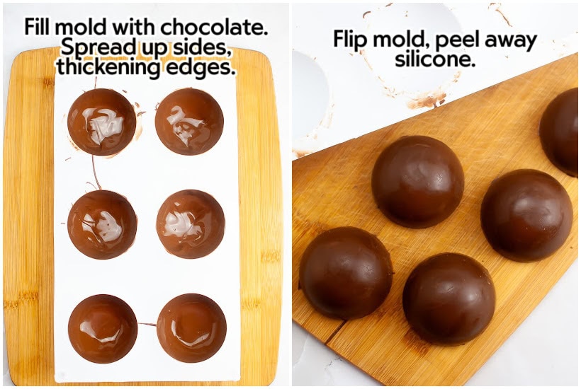 Two images of coating the hot cocoa bomb mold with melted chocolate and the half-domes removed from the mold with text overlay.