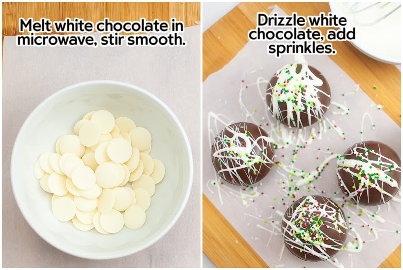 Two photos of white chocolate wafers in a bowl and decorating the hot chocolate bombs with white chocolate and Christmas sprinkles with text overlay.