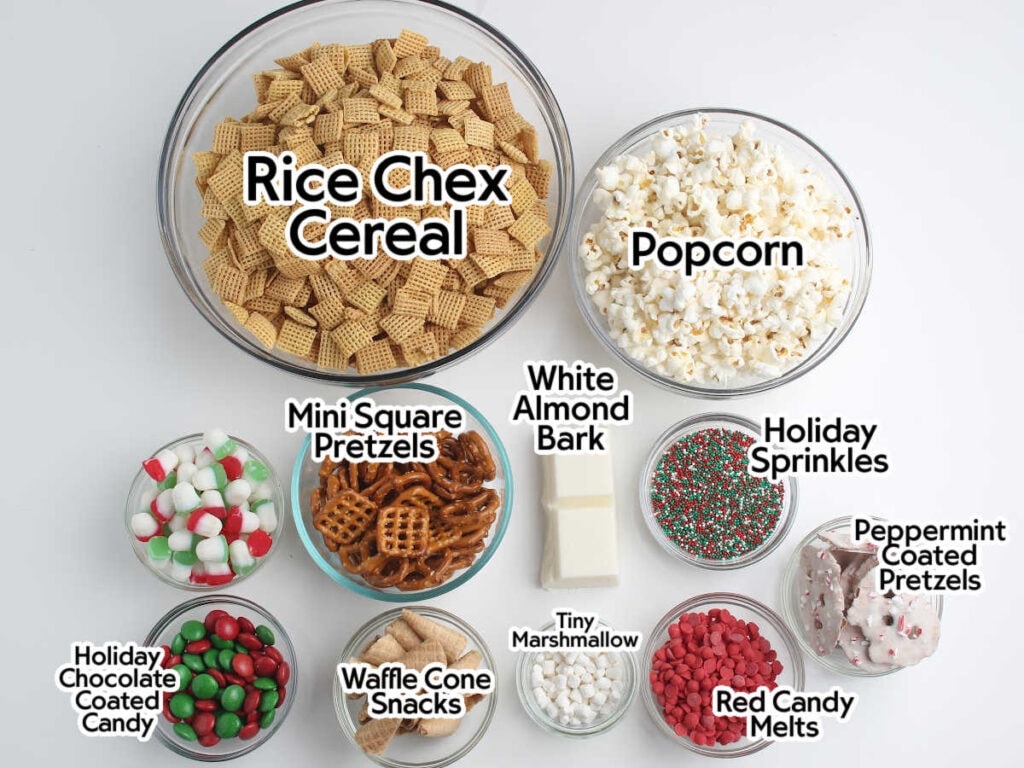 Ingredients to make the Christmas party mix with Santa hats recipe with text labels.