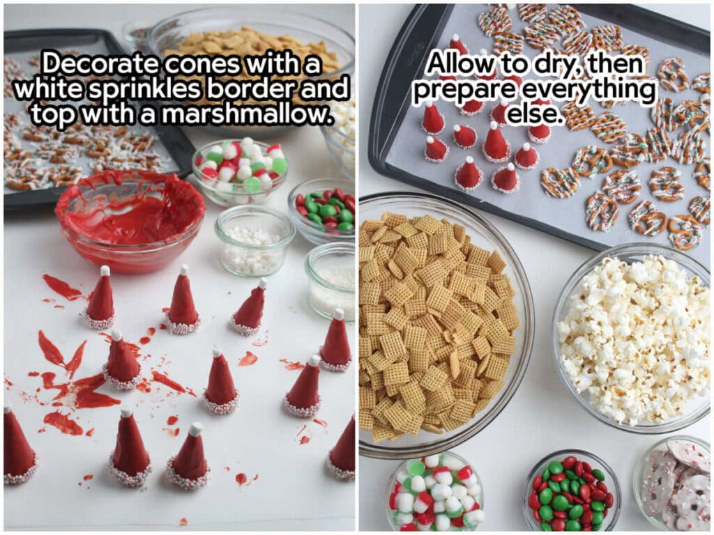 Two images of decorating the Santa hat cones with sprinkles and marshmallow bits and setting the ingredients to dry with text overlay.