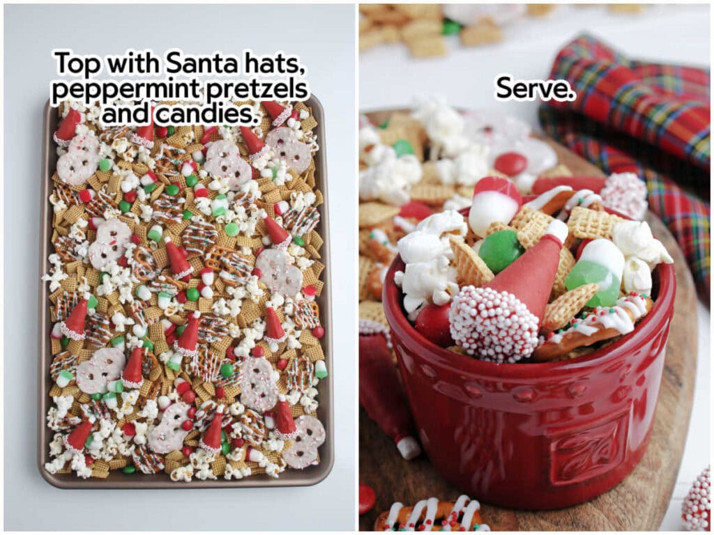 Two image collage of add the Santa hats, peppermint pretzels and candies to the holiday snack mix and a serving in a red bowl with text overlay.