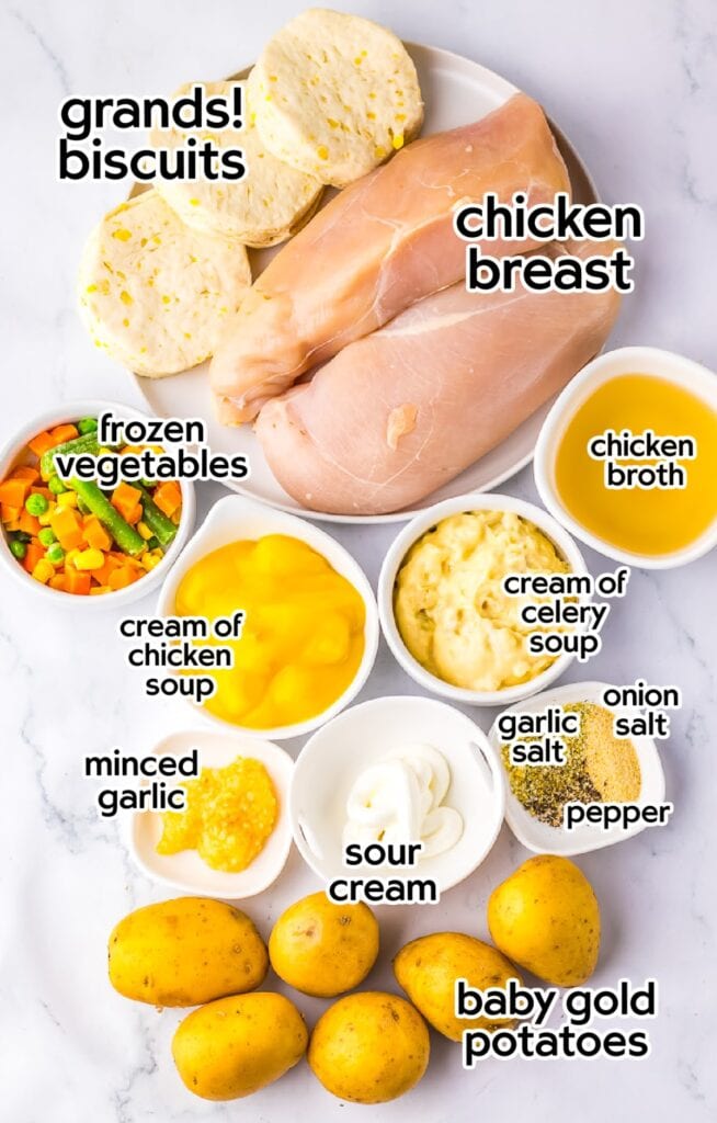 Ingredients needed to make crock pot chicken pot pie with biscuits with text labels.