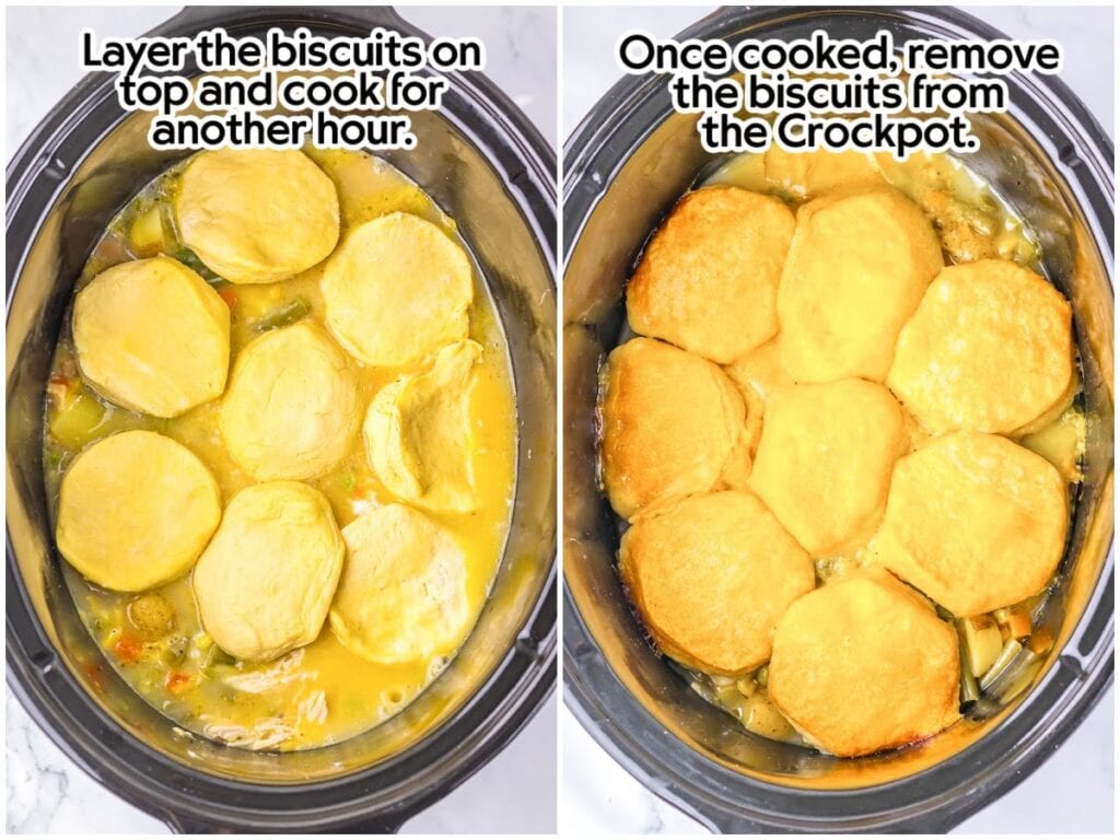 Layering the biscuits on top of the cooked chicken pot pie mixture, then a top view after the biscuits are done with text overlay.