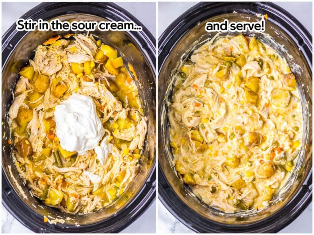 Adding in the sour cream after the biscuits are removed and stirring it into the cooked pot pie mixture with text overlay.
