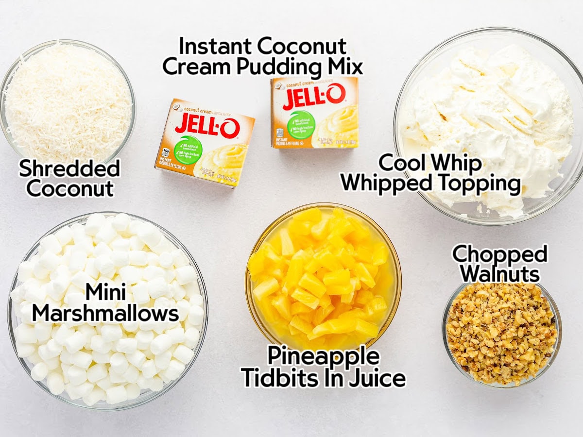 Ingredients to make the Pina Colada Fluff Salad recipe with text labels.