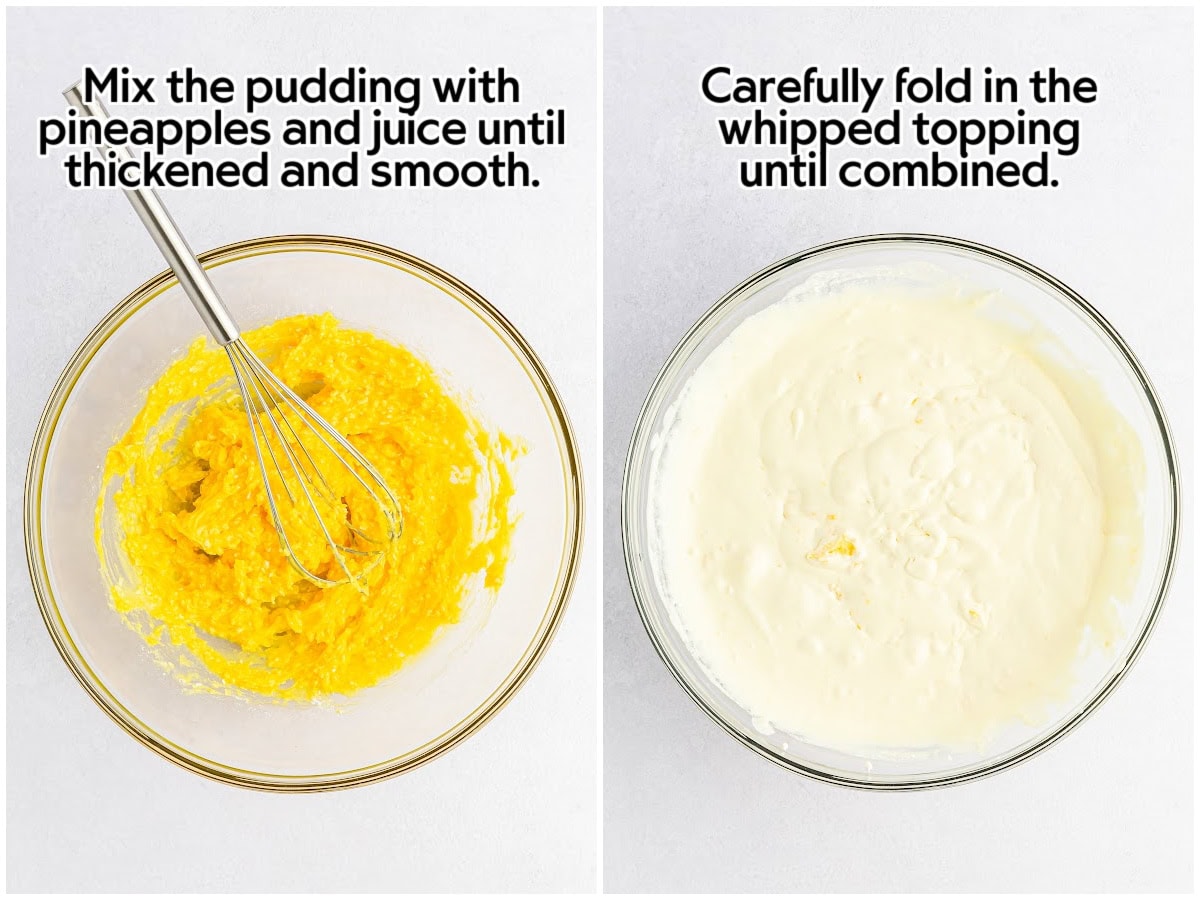 Two image collage of mixing the coconut pudding mix with the pineapple and juice in a glass bowl and folding in the Cool Whip with text overlay.